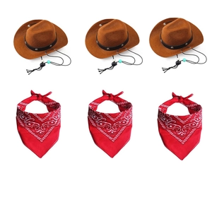 Brown wool felt dog cowboy hats with red paisley bandanas set for small pets