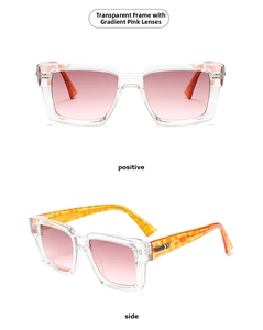 Detail views of square sunglasses with transparent frames and pink gradient lenses