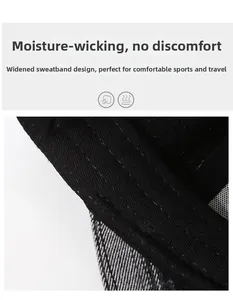 Detail of moisture-wicking widened sweatband on breathable black baseball cap