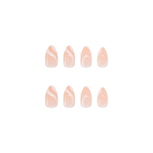 Almond shaped press-on nails with white spiral swirls on nude pink glossy finish