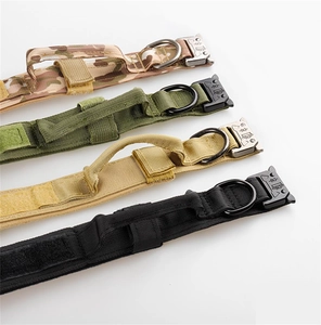 Tactical nylon dog collars in camo, green, and black with durable metal buckles