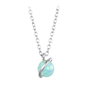 Macro detail of silver planet necklace featuring a shimmering blue and green opal sphere