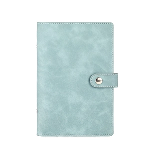Light blue PU leather budget binder notebook with silver metal buckle on white background