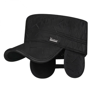 Winter quilted flat top hat with warm ear flaps and windproof black diamond pattern fabric