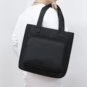 Waterproof black nylon men's shoulder tote bag with large capacity and multi-pockets