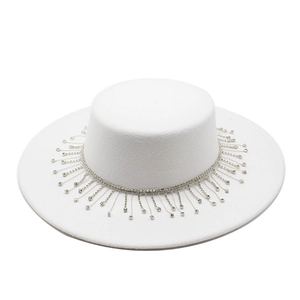 White felt boater hat with crystal rhinestone tassel fringe around the wide flat brim