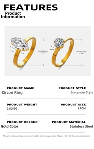 Detailed size chart for stainless steel gold rings with marquise and round zircon inlays