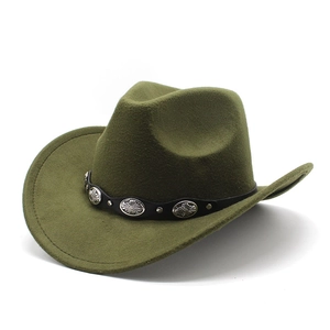 Detailed view of dark green wool felt cowboy hat with silver floral metal studs on band