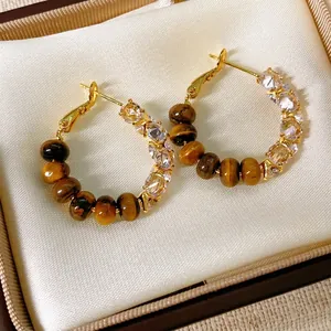 Vintage Hoop Earrings With Tiger Eye Stone Zircon Copper And Silver Earring Post Retro Style For Women
