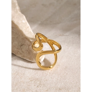 Minimalist 18k gold plated wave-shaped adjustable open ring made of polished steel