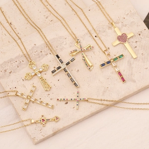 Cross Pendant Necklace Copper With 18K Gold Plating Micro Pave Colorful Cubic Zirconia Heart Hollow Jewelry For Women