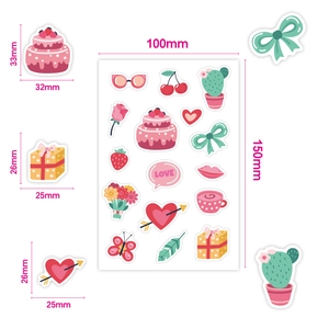Detailed view of cartoon party stickers with dimension markings for DIY decoration