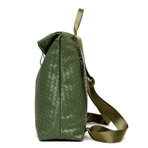 Olive green woven leather backpack for women with adjustable straps in a modern chic style