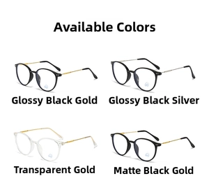 Detail showing four color options of lightweight blue light blocking retro round glasses