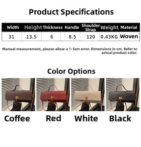 Detailed size chart and dimensions for the large capacity woven baguette shoulder bag