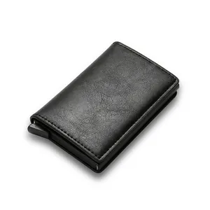 Slim RFID blocking black leather pop-up card holder wallet with minimalist carbon fiber finish