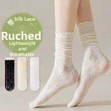 Detailed view of white floral lace crew socks with delicate mesh texture and ruffle trim