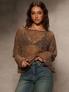 Brown long sleeve sequin knit top with cutout design and metallic glitter finish
