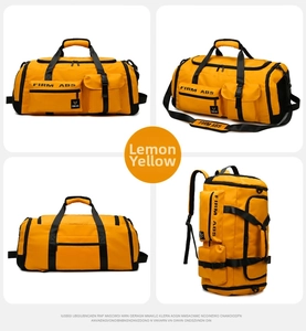 Detailed multi-angle view of large lemon yellow travel bag with black straps