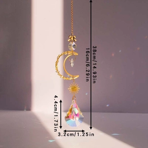 Detailed size chart of golden moon star sun catcher with faceted crystal prism pendant