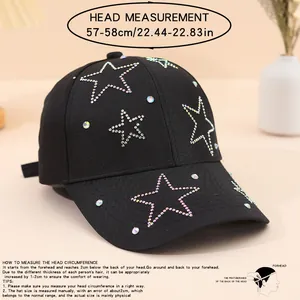 Size guide for women's baseball cap with rhinestone star and head measurement guide