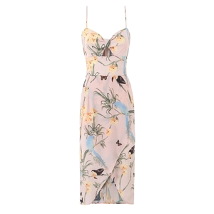 Robe À Bretelles Imprimé Oiseaux Tropicaux Fleurs Femmes Col V Fente Vacances Été Dos Froncé Polyester Rose