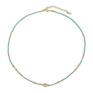 Colorful handmade freshwater pearl beaded necklace with turquoise stones and gold accents