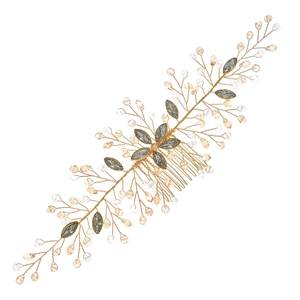 Vintage bridal hair comb with gold wire, clear crystals and amber beads on white background