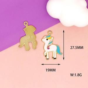 Detail view of enamel unicorn charms measuring 27.5x19mm and weighing 1.8g for DIY jewelry