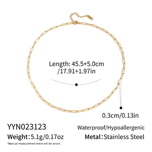 Detail of gold paperclip chain necklace with length 45.5cm and width 0.3cm specs
