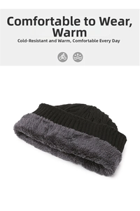 Detail of a thick knitted hat with soft grey fleece lining for cold weather protection