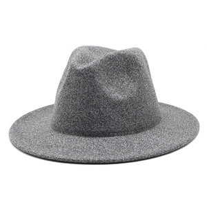 Detailed close-up showing the fine texture and crown shape of the grey wool felt fedora