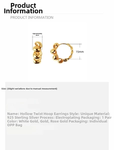 Detailed view of twisted hollow hoop earrings in S925 sterling silver with size dimensions