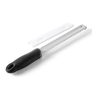 Handheld stainless steel grater for cheese and lemon with black handle and cover