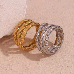 Three-layer twisted braided spiral open ring in gold and silver finish for women