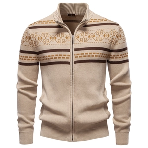 Men's zip-up knit cardigan featuring beige base and brown geometric jacquard pattern