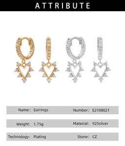 Macro detail of S925 sterling silver heart earrings with CZ stone and technical data