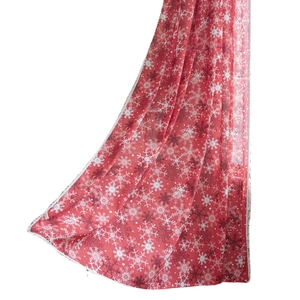 Red Christmas semi-sheer kitchen curtain with white snowflakes and lace trim details
