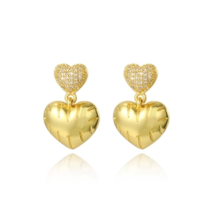 Elegant gold double heart drop earrings with pave-set zircon and polished textured finish