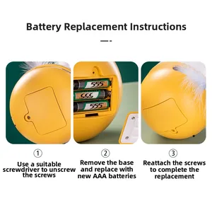 Detailed steps showing 3 AAA battery replacement for the electric feather cat toy