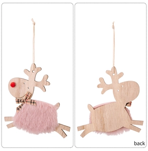 Front and back views of wooden Christmas reindeer ornament with pink faux fur and bow