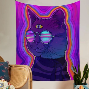 Detail of artistic psychedelic cat wall tapestry in a modern home living room decor