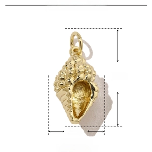 Detailed view of a 21mm x 9mm gold shell pendant showing exact dimensions and weight