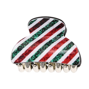 Christmas striped acrylic hair claw clip with red green and white holiday pattern