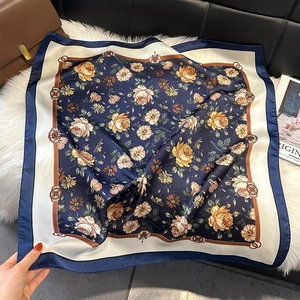 Floral print square silk scarf with vintage botanical roses on navy blue background