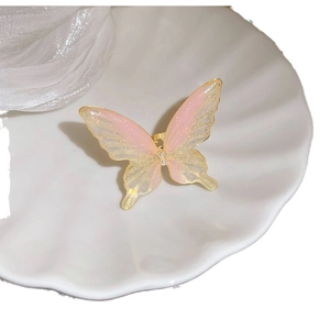 Gold plated butterfly ring with pink yellow gradient wings and pearls on shell