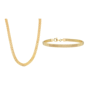Détail d'un ensemble collier et bracelet en maille plate or 18 carats avec fermoir homard