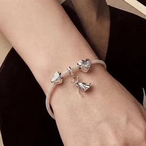 S925 sterling silver heart charm bracelet with pink enamel and dancing couple pendant