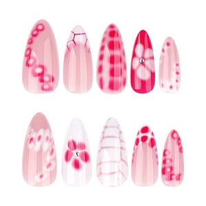 Short almond press-on nails with pink floral patterns and grid art designs for women