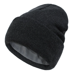 Detail view showing black knitted exterior and thick gray fleece lining for winter warmth